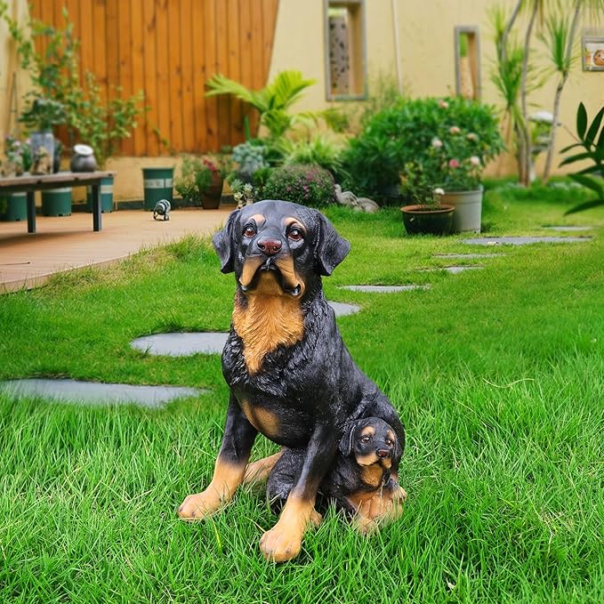 Rottweiler Mother-and-Pup Family Welcome with Solar Lantern and Double-Sided Sign, Sitting Duo Statue for Porch Bench, Garden Path & Entry
