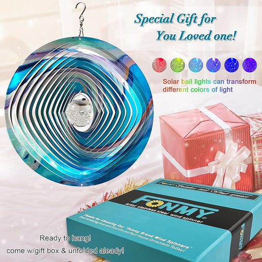 FONMY Mandala Wind Spinner w/Solar Ball 3D Stainless Steel Hanging Wind Spinners Worth Gift Christmas Decoration Indoor/Outdoor Garden Décor Kinetic Yard Art 12 Inches Multi Blue Wind Sculpture