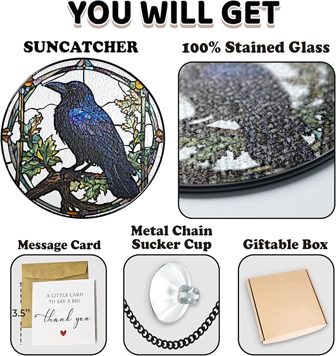 6" Crow Stained Glass Suncatchers Art Glass Ravens for Sun Catcher Indoor Gothic Gifts for Pet Animal Nature Floral Lovers Women Grandma Mom Friend Painted Panel Décor BIRD-04B-SG6