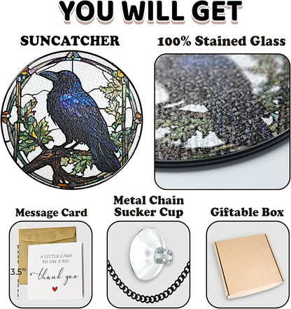 6" Crow Stained Glass Suncatchers Art Glass Ravens for Sun Catcher Indoor Gothic Gifts for Pet Animal Nature Floral Lovers Women Grandma Mom Friend Painted Panel Décor BIRD-04B-SG6