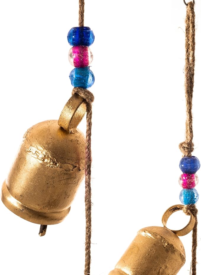 Rustic Vintage Bell for Home Wall Décor Decoration Garden - 5 Handmade Bells in a String with Beads Wind Chime Bell Chime Cow Cat Cattle Bells Gifting (Golden Big Bell)