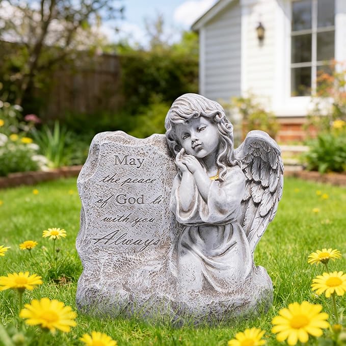 basen Memorial Angel Statue for Grave, Praying Child Angel Figurine with Engraved Message, Resin Cemetery Decoration for Outdoor Lawn Yard, Sympathy Gift, Remembrance Garden Decor