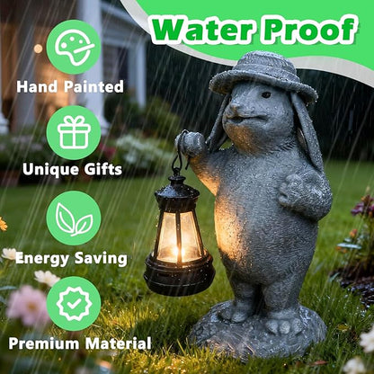 Solar Rabbit Garden Statue with Hanging Lantern - Funny Outdoor Bunny Figurine Easter Decor- Waterproof Resin Sculpture for Yard, Patio, Pathway - Easter Decorations & Birthday Gifts for Mom, Grandma