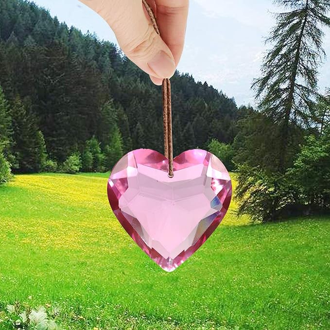 Together-life 2 Pack Heart Crystal Ball Prism Pendant, Clear Glass Crystal Suncatcher Rainbow Maker for Window, Indoor Outdoor Garden Hanging Décor(Pink)