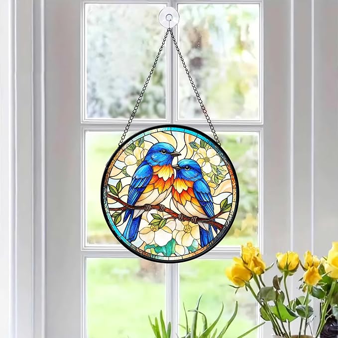 7.8" Bluebird Suncatcher Stained Glass Window Hanging Blue Bird Sun Catchers Birds Lover Ornament Wall Home Room Door Garden Decor Birthday for Nature Lovers Women Mom