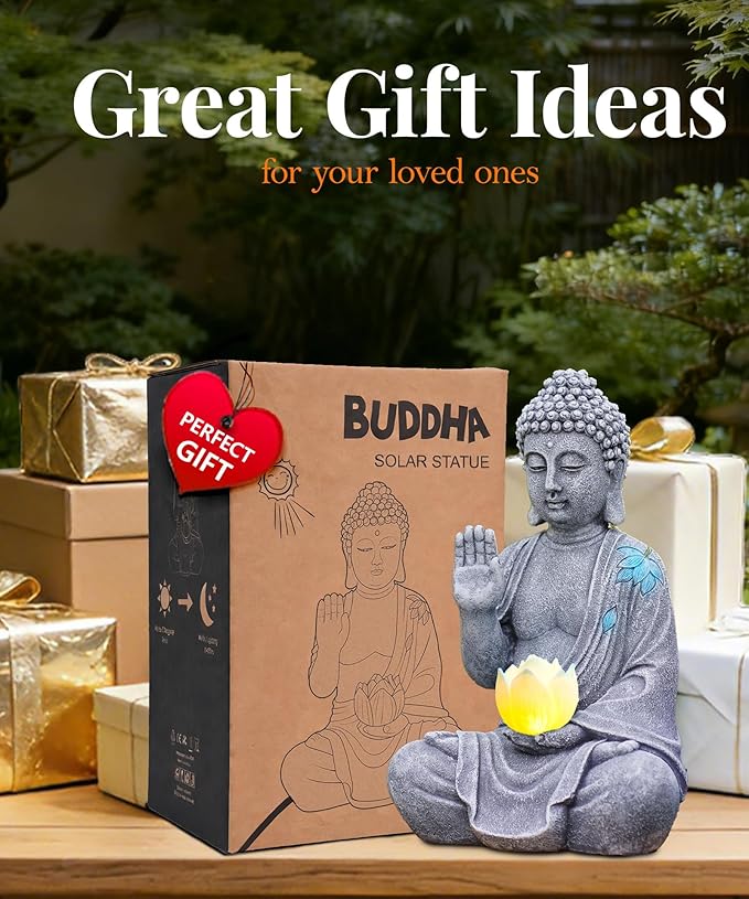 Nacome Solar Buddha Garden Statues with Lotus Flower: Resin Zen Decor Waterproof Sculpture Outdoor Light Design for Outside Patio Lawn Yard Balcony - 10.6 inches(Grey)