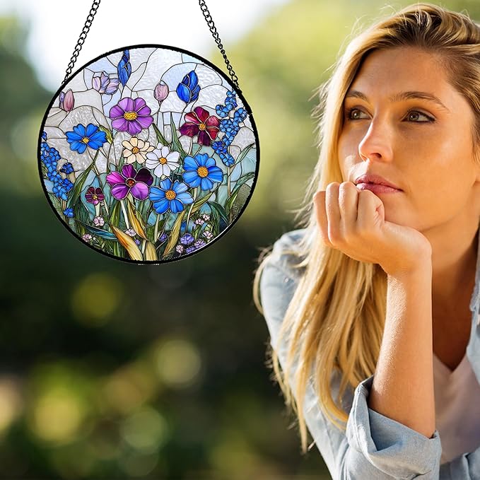 Stained Glass Window Hanging Blue Purple Wildflowers Large 15" - Suncatcher Door Garden Sunroom Sun Catcher Home Decor Birthday Christmas for Mom Men Woman Nana Friend