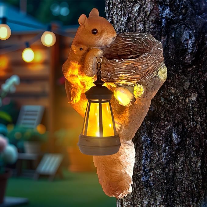 Garden Decor Squirrel Tree Hugger, Outdoor Statue with Solar Powered Lantern for Outside Porch Patio Wall Tree Fence, Housewarming Gifts for Women Mom Garden Lovers