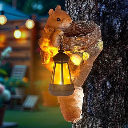 Garden Decor Squirrel Tree Hugger, Outdoor Statue with Solar Powered Lantern for Outside Porch Patio Wall Tree Fence, Housewarming Gifts for Women Mom Garden Lovers