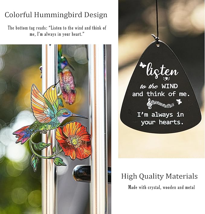 YU FENG Memorial Wind Chime with Crystals for Outdoor Garden Decor – Colorful Hummingbird with Memorial Tag, 34 Inch