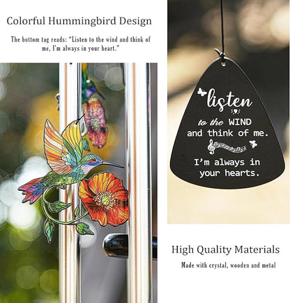YU FENG Memorial Wind Chime with Crystals for Outdoor Garden Decor – Colorful Hummingbird with Memorial Tag, 34 Inch