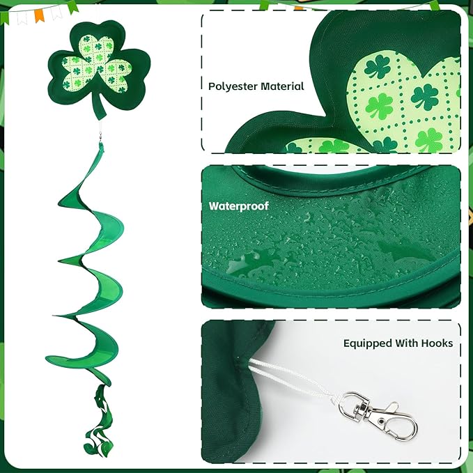 NOVWANG St Patrick's Day Wind Spinner, Green Shamrock Windsock Patrick Day Hanging Decorations Weather-Proof Polyester Irish Ornament for Garden, Patio, Lawn Hanging Decorations