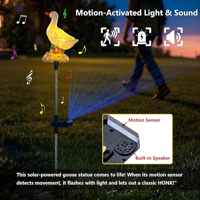Solar Lights Outdoor Waterproof - Motion Activated Goose Light with Realistic Sound, Solar Powered Garden Decor for Lawn Patio Yard, Unique Gift for Mom & Grandma