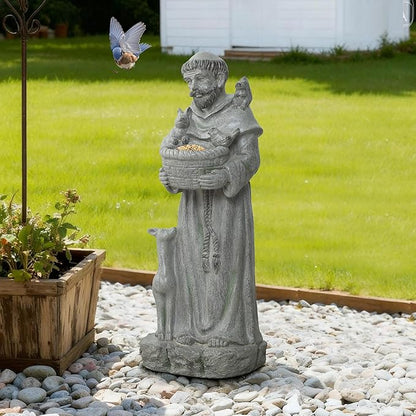 LuxenHome Outdoor St. Francis Statues, 27.6" Saint Francis of Assisi MgO Garden Statue with Animal & Birdbath Bowl, Religious Statues for Patio Yard Home Decor, Outdoor Garden Sculptures