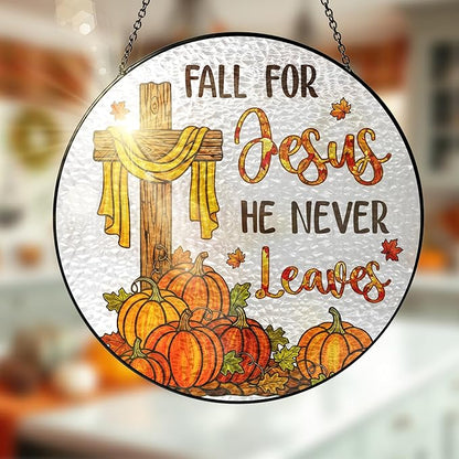 FLAGWIX Fall Decorations for Home - Stained Glass Window Hanging 8in - Christian Sun Catchers Indoor Window, Fall Gifts for Women Men, Thanksgiving Decorations Sun Catcher, Christian Gifts for Mom Dad