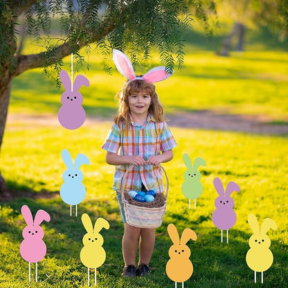 Whaline 12Pcs Easter Bunny Yard Sign with 24Pcs Stakes Fishing Line Colorful Bunny Hanging Ornament Cute Rabbit Lawn Sign for Spring Outdoor Lawn Pathway Walkway Tree Porch Party Garden Decorations