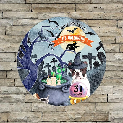 Retro Metal Sign 12"x12",Happy Halloween Scary Night Grave Witch Bats Trick Or Treat Dog Aluminum Tin Metal Sign for Home Living Room Bedroom Garden Farm Patio Decor Wall Art Poster