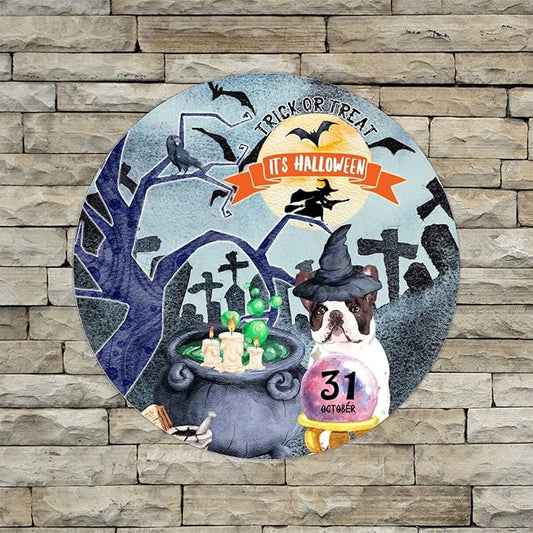Retro Metal Sign 12"x12",Happy Halloween Scary Night Grave Witch Bats Trick Or Treat Dog Aluminum Tin Metal Sign for Home Living Room Bedroom Garden Farm Patio Decor Wall Art Poster