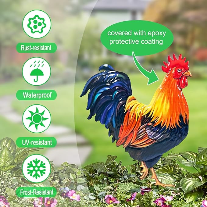 Metal Chicken Outdoor Decor,4 Pack Realistic Hen and Rooster Yard Stakes for Outside,Patio,Garden and Lawn Ornaments