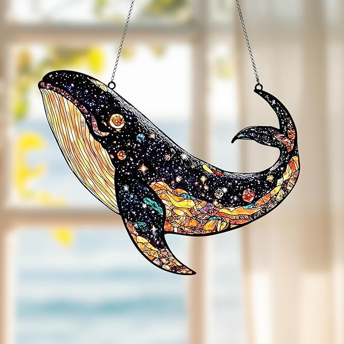 Cosmic Whale Acrylic Suncatcher, Boho Suncatchers for Window Hanging Ornament, Stained Glass Effect Indoor Outdoor Garden Decor for Celestial Lover, Gifts for Mother's Day, Mom, Grandma, Wife, Women