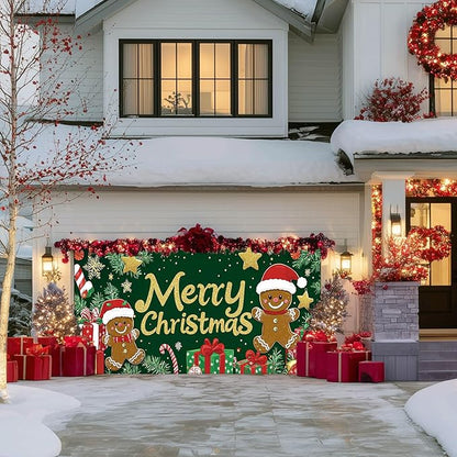 IVN Merry Christmas Garage Door Banner 13x6ft Festive Backdrop Gingerbread Cookie Gifts Green Photo Prop Background for Joyful Holiday Yard Door Cover Background Outdoor Winter Scene