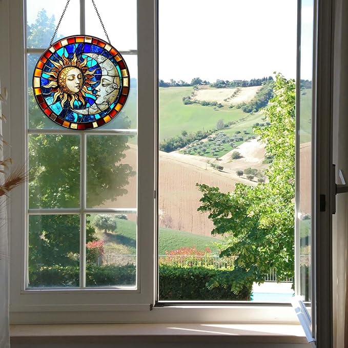 Sun and Moon Decor Sun Catcher Stained Glass Window Hanging Handmade Stained Glass SunCatcher Decoration for Home Window Garden Decor Indoor Decoration for Women Christmas Birthday Gifts