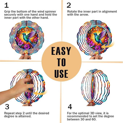 Hummingbird Wind Spinner, 3D Hanging Stainless Steel Garden Spinner, Wind Spinner Hanging for Outdoor & Indoor Décor, Unique Gifts for Yard Garden Decoration or Patio Décor (Hummingbird)
