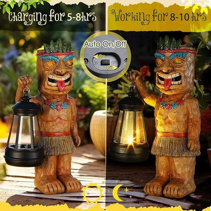 Tuanse 9.5" H Solar Tiki Statue Bar Decorations Outdoor Garden Patio Hawaiian Luau Tiki Figurine with Solar Lantern Light Tropical Summer Decor for Lawn Yard Pool Housewarming Birthday Funny Gift