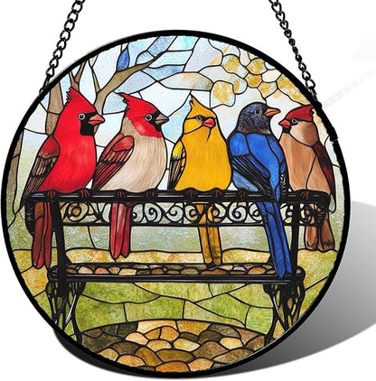 Stained Glass Window Hanging Cardinal on Bench Large 15" - Bird Suncatcher Door Garden Patio Sun Catcher Home Decor Christmas for Mom Woman Nana Friends Men Bird Lovers