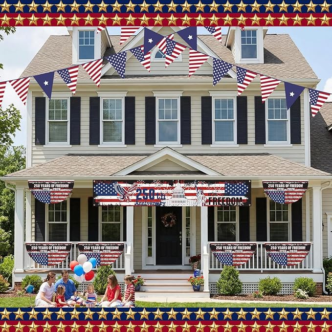 Chumia 5 Pcs USA 250th Anniversary Decoration Set Include 4 Patriotic Fan Banners 1 Large Fence Banner 1776-2026 Semiquincentennial Outdoor Bunting for 4th of July, Memorial Day, Patriotic Party Decor