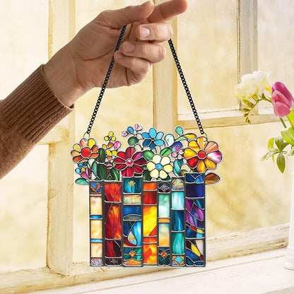2 Book Floral Shelf Suncatchers 6" Window Hanging Acrylic Ornaments Back to School Teacher Appreciation Gift, Xmas Book Lover Gifts for Women Librarian Readers Bookshelf Decor Stocking Stuffer SS345