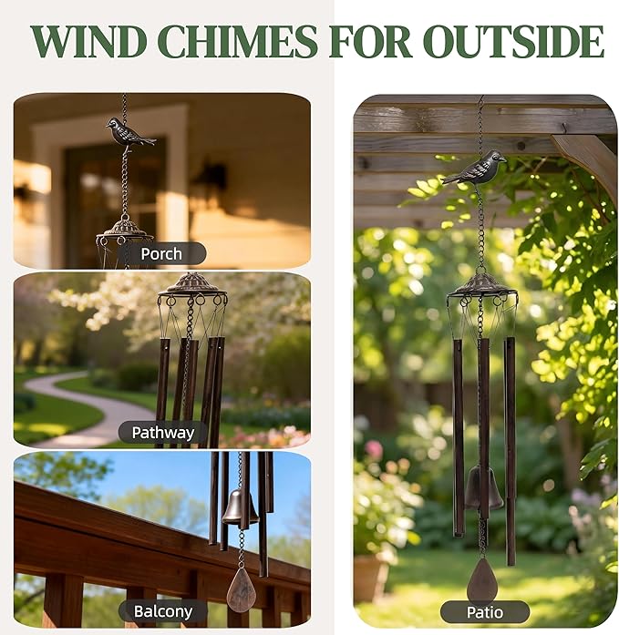 Wind Chimes for Outside – Memorial Wind Chimes for Loss of Loved One, Sympathy Gifts for Mom – Rustic Metal Garden Decor with Bird & Bell for Patio, Porch, Yard (Bronze, 29.5 Inch)