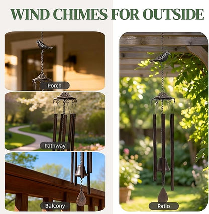 Wind Chimes for Outside – Memorial Wind Chimes for Loss of Loved One, Sympathy Gifts for Mom – Rustic Metal Garden Decor with Bird & Bell for Patio, Porch, Yard (Bronze, 29.5 Inch)