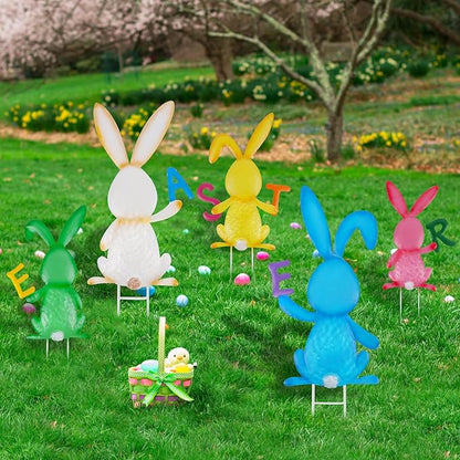 5 PCS Easter Garden Stakes Decoration, Metal Adorable Bunny Yard Signs Holding Easter Spelling Letters for Courtyard Spring Lawn Flowerbed Patio Holiday Outdoor Display