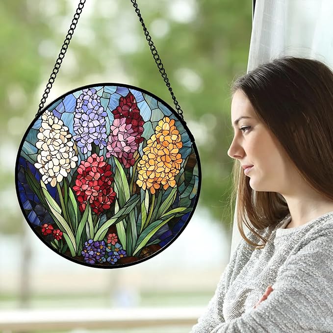 DASTOLL Stained Glass Window Hanging, Colorful Hyacinth Flowers Suncatcher for Doors Window Home Plant Sun Catchers Decoration Mother's Day Birthday Gifts for Women, Men, and Mom 6.3x6.3 in