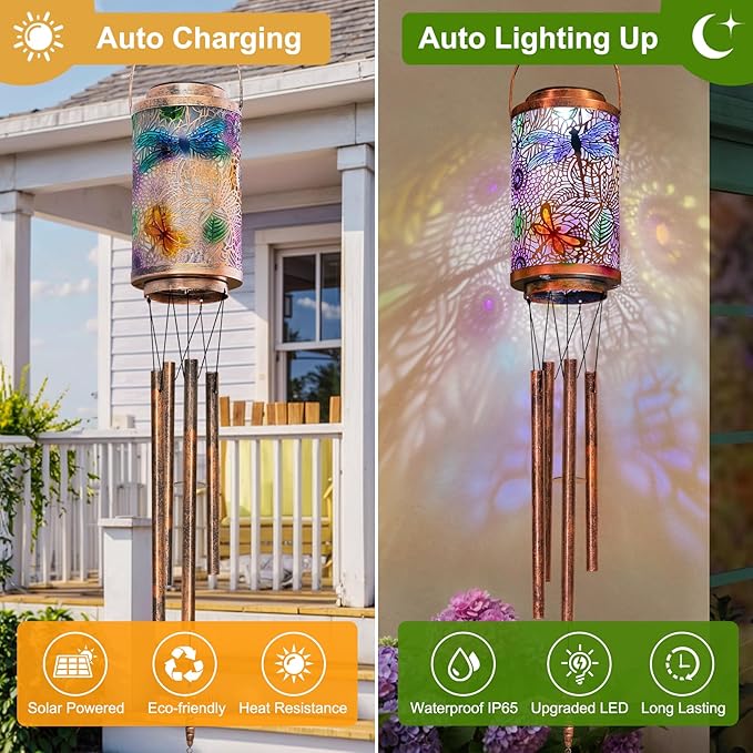 Dragonfly Solar Lights Wind Chimes for Outside, Garden Gifts for Mom Dad Solar Outdoor Lantern Metal Hanging Lights for Garden, Patio, Yard Decor, Mothers Day Birthday Gifts for Women (1Pack)