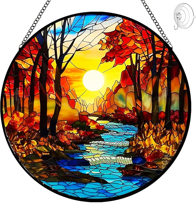 Sunrise Tree and River Landscape Stained Glass Suncatcher for Window Hanging - Handmade Mountains Sun Catchers Diamond Art Stain Glass Panel - Mother's Day Birthday Gift for Mom Grandma Nature Lovers