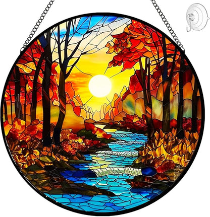 Sunrise Tree and River Landscape Stained Glass Suncatcher for Window Hanging - Handmade Mountains Sun Catchers Diamond Art Stain Glass Panel - Mother's Day Birthday Gift for Mom Grandma Nature Lovers