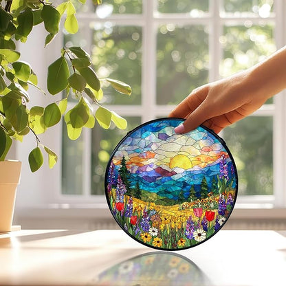 Spring Wildflower Landscape Suncatchers Stained Glass Window Hanging, Cottagecore Flower Sun Catchers Indoor Window Glass Round Wall Decor, Floral Wall Hanging Decorations, 7.9x7.9in