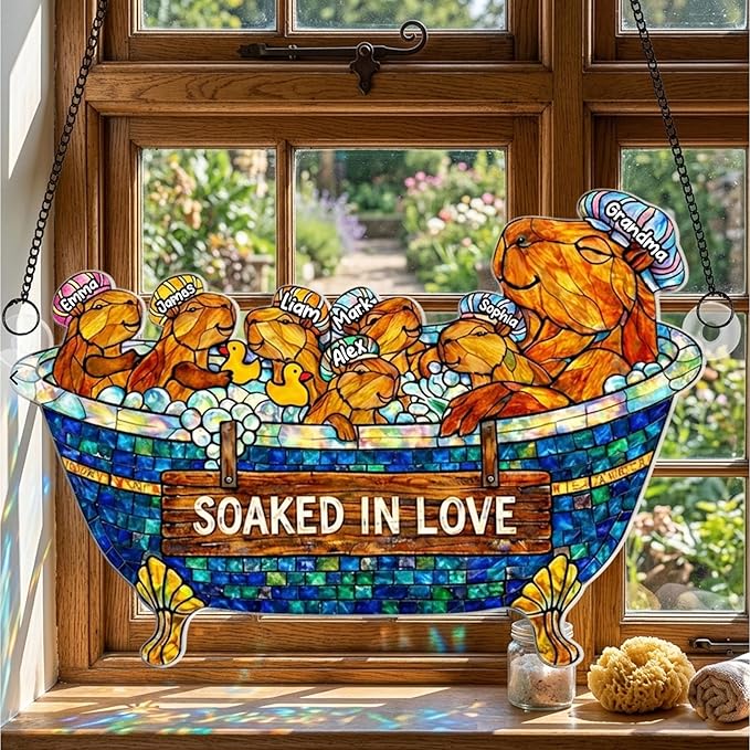Personalized Grandma Otter Stained Glass Suncatcher, Custom Grandkids Names Window Hanging, Soaked in Love Bathtub Ornament, Hanging Ornament Home Decor, Gift for Mother’s Day