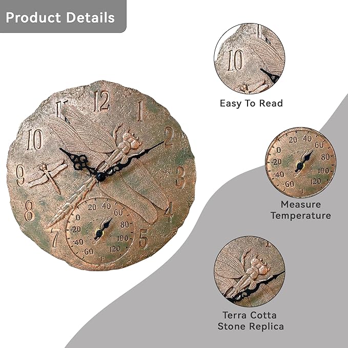 Lily's Home Hanging Wall Clock, Includes a Thermometer, Ideal for Indoor and Outdoor Use, Wonderful Housewarming Gift for Friends, Polyresin