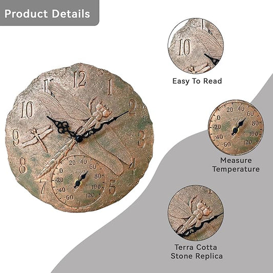Lily's Home Hanging Wall Clock, Includes a Thermometer, Ideal for Indoor and Outdoor Use, Wonderful Housewarming Gift for Friends, Polyresin
