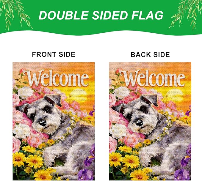 IVN Welcome Dog Garden Flag 12x18 Inch – Floral Puppy Spring Summer Outdoor Flag, Double Sided Burlap Yard Flag for Porch Lawn Patio Decor