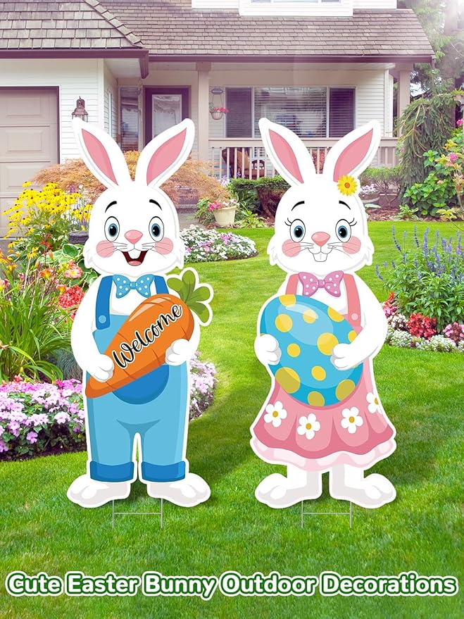 2Pcs Easter Yard Signs 32.28x12.4 Inch Large Bunny Lawn Decorations with Stakes for Egg Hunt Photography, Easter Outdoor, Garden, Lawn Party Waterproof Decorations