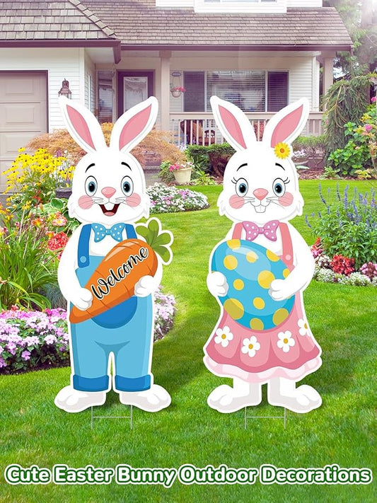 2Pcs Easter Yard Signs 32.28x12.4 Inch Large Bunny Lawn Decorations with Stakes for Egg Hunt Photography, Easter Outdoor, Garden, Lawn Party Waterproof Decorations