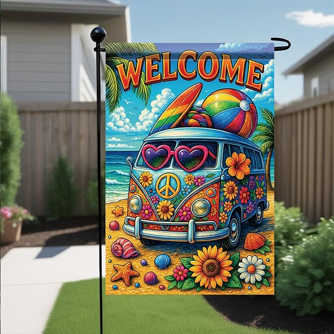 Summer Garden Flag 12x18 Inch Welcome Hippie Van Beach Surf Rainbow Peace Floral Design Outdoor Yard Porch Lawn Patio for Seasonal Coastal Boho Home Decor