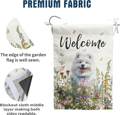 Floral Samoyed Garden Flag Spring Summer Yard Flag Flower Dog Garden Flags for Outside Small Outdoor Welcome Flags 12x18 Double Sided