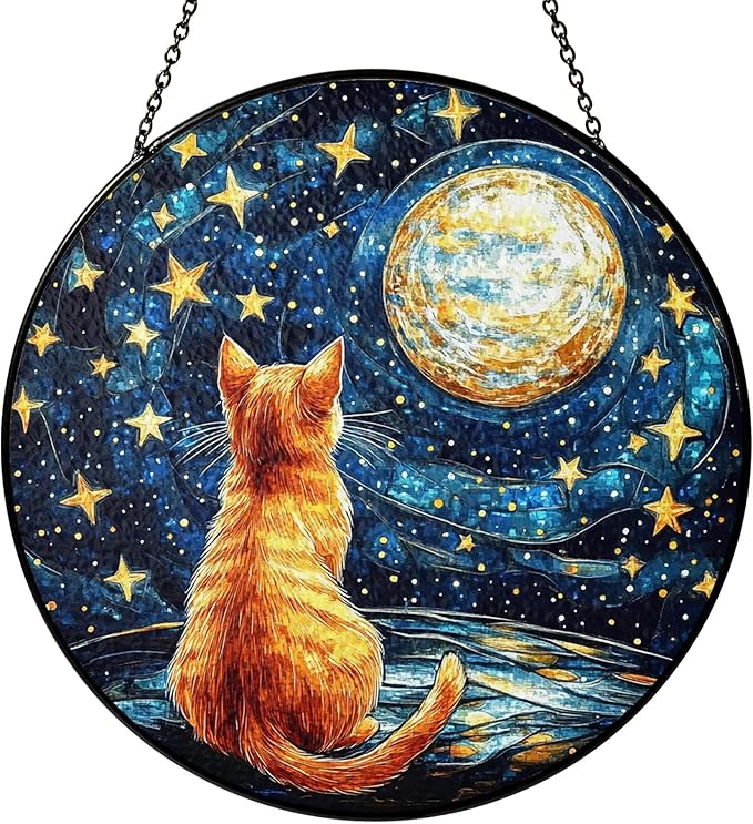 Orange Cat Stained Glass Suncatcher, Starry Night Orange Cat Lovers Gifts Window Hanging Garden Decor, Memorial Pet Loss Sympathy Gift Christmas Birthday for Grandma, Friends, Women
