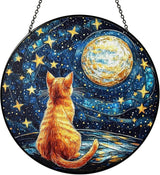 Orange Cat Stained Glass Suncatcher, Starry Night Orange Cat Lovers Gifts Window Hanging Garden Decor, Memorial Pet Loss Sympathy Gift Christmas Birthday for Grandma, Friends, Women