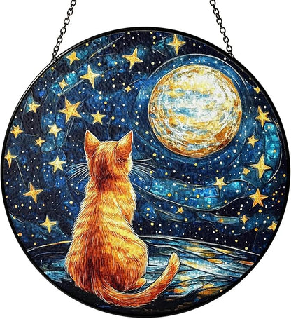 Orange Cat Stained Glass Suncatcher, Starry Night Orange Cat Lovers Gifts Window Hanging Garden Decor, Memorial Pet Loss Sympathy Gift Christmas Birthday for Grandma, Friends, Women